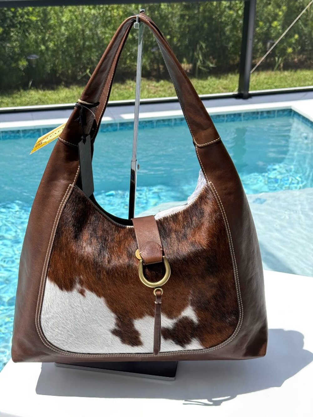 NWT Cavalcanti WHITE/BROWN COWHIDE Calf Hair Leather shoulder Bag MADE IN ITALY